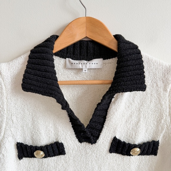 ENDLESS ROSE • Crochet Knit Collared Top in Ivory/Black - Picture 3 of 9